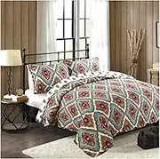 Summer Floral Quilt Full/Queen Size Bohemian Flowers Strip Quilt Beddding Set,Soft Lightweight Bedspread Coverlet for All Season (1 Quilt,2 Pillow Shams) (Color : R, Size : 250x230cm-50x70cm x2)