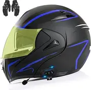 Bluetooth Full Face Motorcycle Helmet, DOT/ECE Approved Flip Up Double Visor Helme for Men and Women