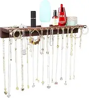 YYILIS Necklace Holder, Upgraded Extra Large Wall Necklace Organizer with 30 Hooks Wall Mounted Necklace Hanger with Jewelry Tray/Cosmetics Shelf Rustic Pine Wood Holder (Walnut)