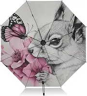 [PDZRMY] Squirrel Flower Cute UV Protection Travel Umbrella Compact for Rain and Sun - Auto Open and Close UPF 50+ Windproof Portable 46” Sun Umbrella for Women and Men