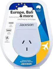Jackson AUS - EU & Bali USB-A & USB-C Travel Adapter, White