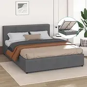 ALFORDSON Bed Frame Base with Gas Lift Storage Double Size Tricia Series with Bed Head, Mattress Topper Platform Foundation with Linen Fabric Upholstery for Bedroom, Fabric Grey