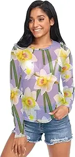 [RPLIFE] White Yellow Flowers Violet Mesh Sleeve Tops for Women, Womens Sheer Tops S-XXL