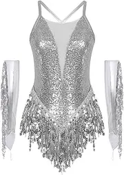 [Choomomo] Women's Sleeveless Fringe Sequins Backless Leotard Latin Dance Dress with Tassels Gloves Set