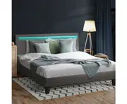 Piazzi PU Leather or Fabric Slimline Modern Bed | High Quality Sturdy Modern Bed with LED Option | 5 Sizes - Double, Grey LED Fabric