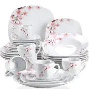 30-Piece Ceramic Dinnerware Set Service for 6 Ivory White Porcelain Floral Pa...