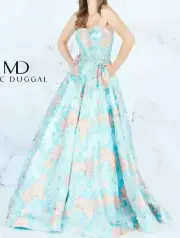 $659 NWT MAC DUGGAL Sz8 STRAPLESS SWEETHEART JEWELS FLORAL GOWN DRESS AQUA MULTI
