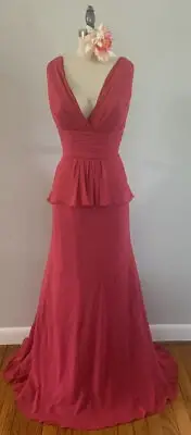 Long Pink Dress Low Cut V Neck Dress Watters Bridesmaids Party Dress MOH MOB