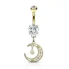 CZ Paved Crescent Dangle 316L Surgical Steel Belly Button Navel Ring