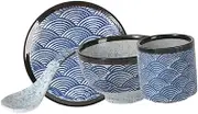 LABRIMP Set of 4 Japanese Ceramic Utensils Dinnerware Bowl Plate Spoon Cup Vintage Wave Pattern for Party Supplies