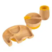 4pc Tiny Dining Yellow Elephant Bamboo Baby Feeding Set Weaning Plate Bowl Spoon