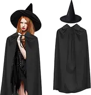 2Pcs Halloween Hooded Cloak Witches Hat Adult, 140cm Halloween Black Hooded Cape Halloween Witch Hat Grim Reaper Cape Pointed Wizard Hat for Men Women Halloween Witch Vampires Costume Cosplay Party