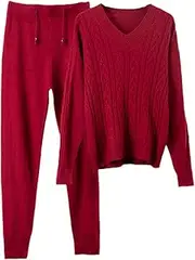 [UIOKLMJH] Loose Two Piece Women Autumn Knitted Tracksuits Cashmere V Neck Sweater + Harem Pants 2 Piece Warm Set Outfits