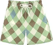 [Caihoyu] Plaid Green Yellow White Blue Boys' Beach Swimwear Trunks for Kids Trendy Boys' Swim Board Shorts for Little Beachgoers 8T