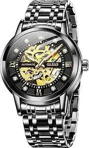 [OLEVS] Gold Skeleton Men's Automatic Mechanical Watches self Winding Luxury Dress Shiny Diamond Stainless Steel Waterproof Luminous Wrist Watches