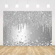 ABLIN 7x5ft Silver Backdrop Print Dripping Glitter Crystal Diamond Silver Happy Birthday Party Bridal Shower Wedding Decorations Photography Background Photo Shoot Props