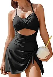 [AI'MAGE] Women Cutout One Piece Swimsuits Criss Cross Back Swim Dress Tummy Control Bathing Suit with Skirt Swimdress