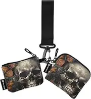 [XYMZR] Mini Zip Around Wristlet keychain Wallet Brown Butterfly Skull for Women Personalized Pattern Detachable Dual Pouch Wristlet Portable Wallet Phone Coin Purse, Multi-colored, One Size