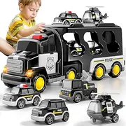 Construction Toddler Truck Toys for 3 4 5 6 Year Old Boys 5-in-1 Friction Power Vehicle Car Toy for Toddlers 1-3, Police Truck Toys for Kids 3-5