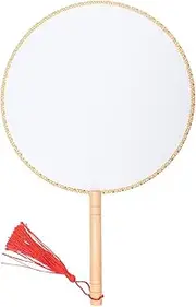[Baxnore] Classical Wooden Handle Round Silk Fan Cooling Tassel Hand Fan Elegant Portable Breezy Gift for Women Men Summer Outing Home Decoration Wood Silk 21.5cm (Log handle/silk white)