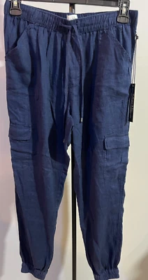Nicole Miller Women Linen Blue Jeggings Pants Large Elastic Waist New NWT