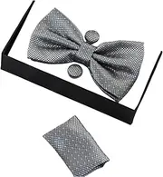 [Zasel] Mens Silver Checkered Matching Bow Tie, Pocket Square & Cuff Links Set