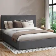 Oikiture Bed Frame Double Size Gas Lift Storage Base Grey Velvet COTI
