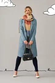 St Ives Coatigan Full Length Sleeve in Blue Wool Blend S/M