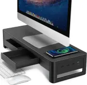 3 In 1 Monitor Stand Riser with 2 Storage Drawers,1 Wireless Charging Module