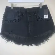 ONE TEASPOON 4040 Denim Mini Skirt Size 28 Black Oak Studded Jean Skirt