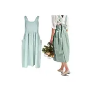 Cotton Linen Aprons Cross Back Apron with Pockets for Women with Pockets Pinafore Dress for Baking Cooking-Green
