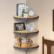 HouseofZizu 3 Tier Corner Floating Shelves for Wall - Solid Paulownia Wood Corner Wall Shelf with Pre-Screwed Brackets & Wire Hole, Corner Wall Mounted Shelves for Living Room, Bedroom, & Kitchen
