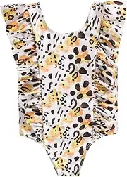 [REWANGOING] Baby Kids Girls One Pieces Swimsuit Ruffles Cartoon Fish Scale Dinosaur Flamingo Swimwear Bathing Sunsuit, Light Leopard, 3-4 Years