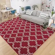 Chicrug Shag Geometric 5x7 Area Rug for Living Room, Large Modern Memory Foam Indoor Carpet, Fluffy Rug for Bedroom Bedside Room Decor for Family Girls Kids Nursery, Wine Red/White