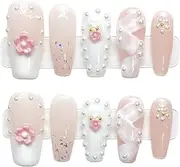Coffin Press on Nails Long Fake Nails Glue on Nails Rhinestone Glitter Ballerina Acrylic Nails 10 Pcs Shiny Stick on Nails for Women and Girls
