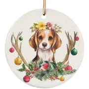 Beagle Puppy Dog With Deer Anlters Christmas 2024 Ornament Ceramic Gift Decor