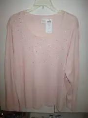 NWT WEEKENDS BY CHICO'S EMBELLISHED ZING SCOOP LS PINK SAND TEE SZ 2 (L)