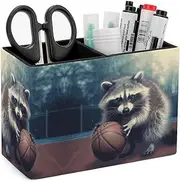 Pen Holder 2 Compartments Leather Pen Container Makeup Brush Holder Cup Storage Office Table Stationery Organizer Funny Raccoon Basketball Printed Pen Cup