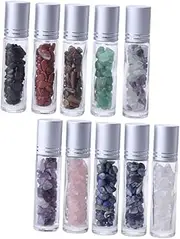 ARTSEWPLY 10Pcs Gemstone Roller Ball Bottles Portable Aromatherapy Containers with Natural Semiprecious Stones for Perfume and Cosmetic Essentials Leak Design for Travel