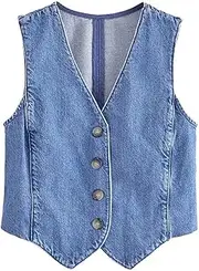 [OFFSUM] Women'S Denim Vest - Fashion Front Button Denim Vest V-Neck Sleeveless Single Breasted Solid Color Spring Summer Outerwear Waistcoat Top