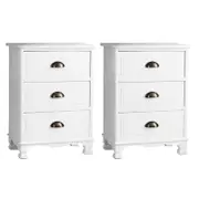 2x Bedside Table 3 Drawers Vintage - THYME White