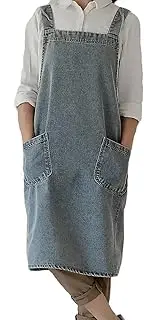BCHWAY FAMILY Denim Bib Apron for Women, Cross Back Gardening Apron with Pockets Pinafore Dress for Baking Cooking Work