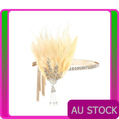 1920s Headband Beige Feather Vintage Bridal Great Gatsby 20s Gangster Flapper