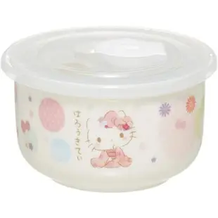 【小禮堂】HELLO KITTY 陶瓷微波保鮮碗 附蓋 陶瓷保鮮盒 便當盒 沙拉碗 200ml 《粉白 和服》 凱蒂貓