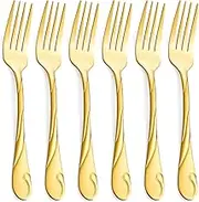 Gold Dinner Fork Set, Seeshine 7.8-inch(19.8cm) Stainless Steel Shiny Gold Metal Table Fork, 6 Pieces Kitchen Forks Silverware, Set of 6