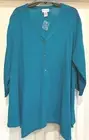 NWT, SOFT SURROUNDINGS Top-Teal Rayon 3/4 Sleeve V-Neck Buttoned Tunic, Large
