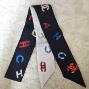 CHANEL Scarf Black White Silk Logo Women France 114051