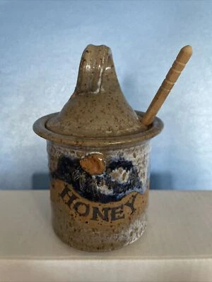 Artisan Crafted Stoneware Honey Pot Jar Crock Pottery w/ Lid & Stick Rustic