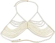 [Generic] Sexy Pearl Tassel Bra Body Chain Jewelry Summer Beach Pearl Harness Bra Chain Bikini Festival Rave Pearl Bra Bralette Pearl Bead Waist Body Jewelry for Women
