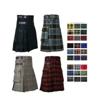 Men's Scottish Utility Tartan Cargo Pocket Traditional Leather Strap Kilt .